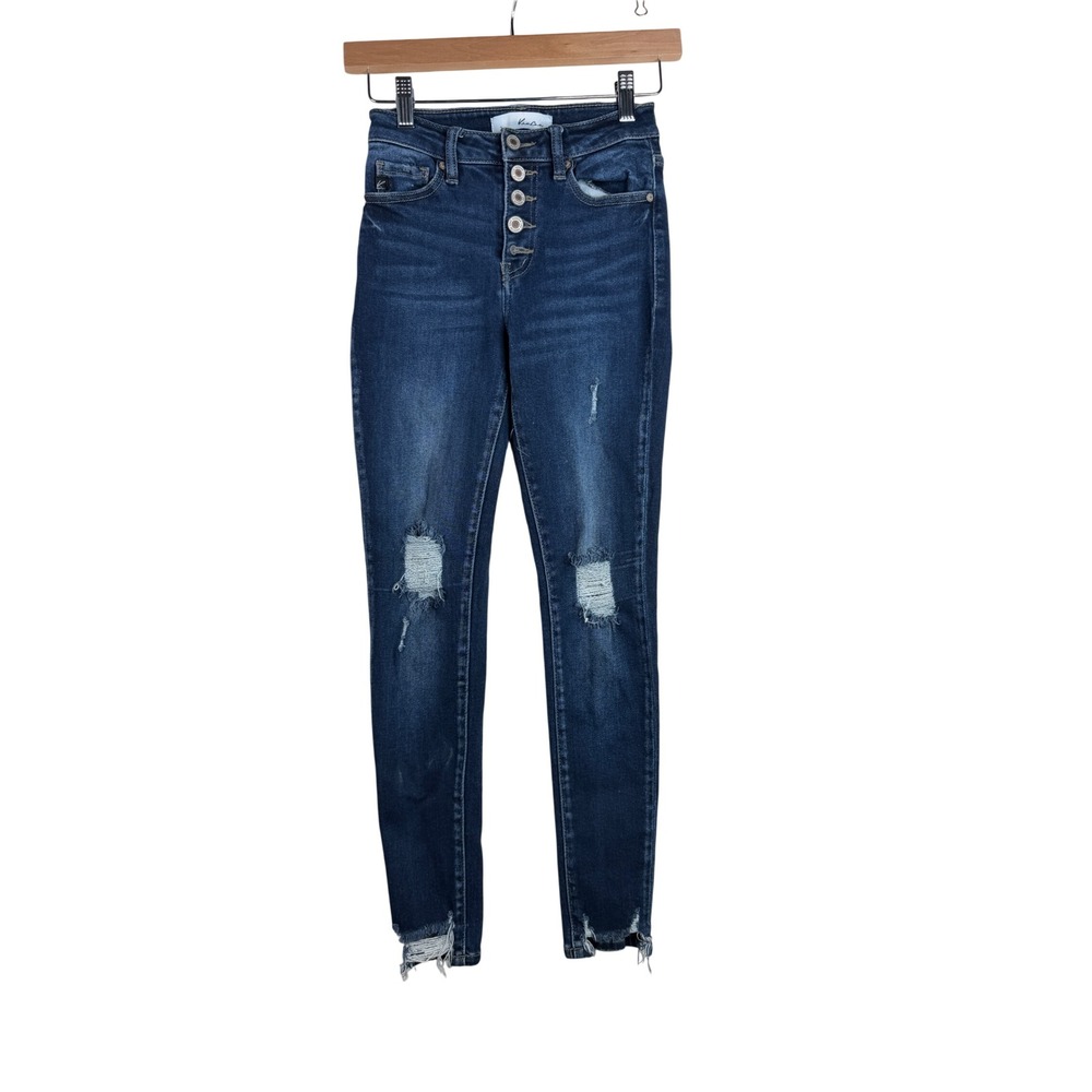 KanCan Women's High Rise Distressed Skinny Jeans size 3/25 Dark Blue Wash Denim